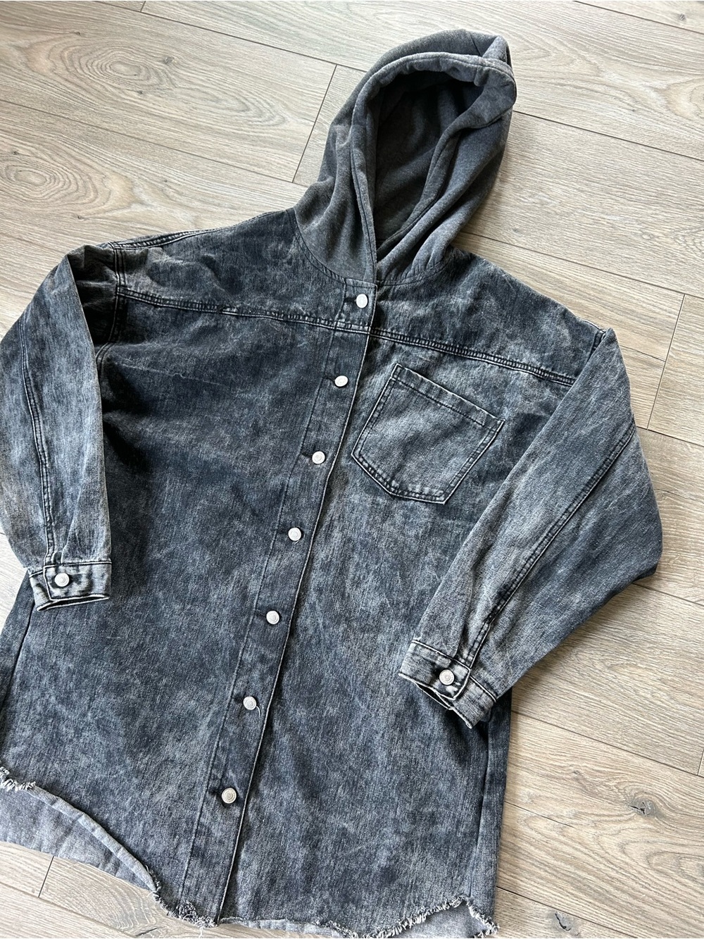Thrill Jeans Charcoal Denim Long Hooded Jacket / Shacket Size 2X Y2K Grunge